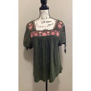 Time and Tru Green Boho Square Neck Embroidered Top W/Pink Floral Details